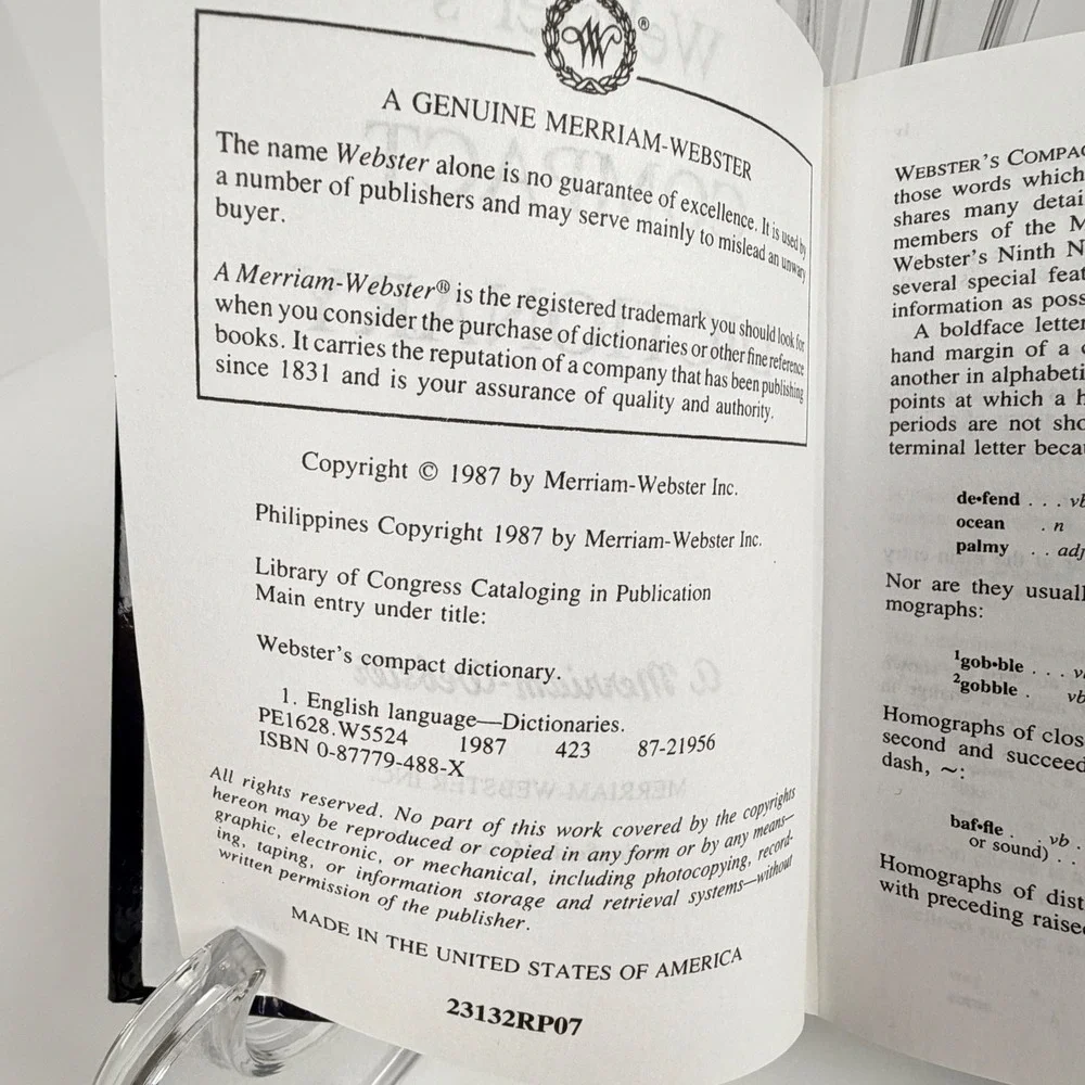 Webster's Compact Dictionary Merriam-Webster 1987 Hardcover